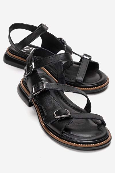 LuviShoes Γυναικεία σανδάλια MOREZ Black Skin από γνήσιο δέρμα
