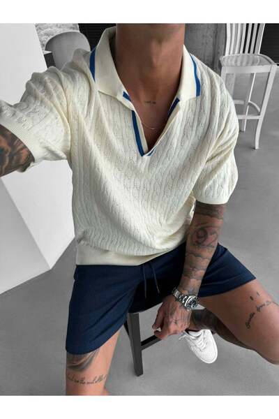 elkumoda Ανδρικό ιταλικό πλεκτό μπλουζάκι με γιακά - Πλεκτό μπλουζάκι με λεπτ...