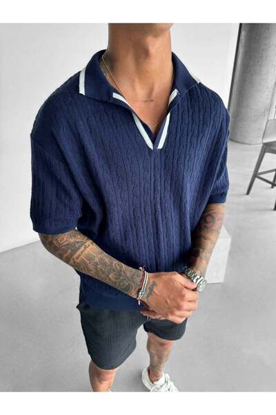 elkumoda Ανδρικό ιταλικό πλεκτό μπλουζάκι με γιακά - Πλεκτό μπλουζάκι με λεπτ...