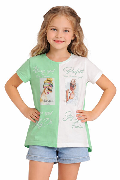 İrem Çocuk Giyim Girl's Digital Print Lettering Picture Patterned Green Color...