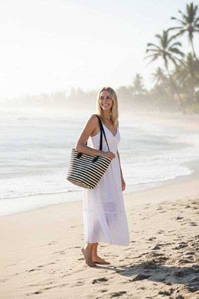 Aware Time Γυναικεία τσάντα ώμου με ψάθινη επένδυση και φερμουάρ