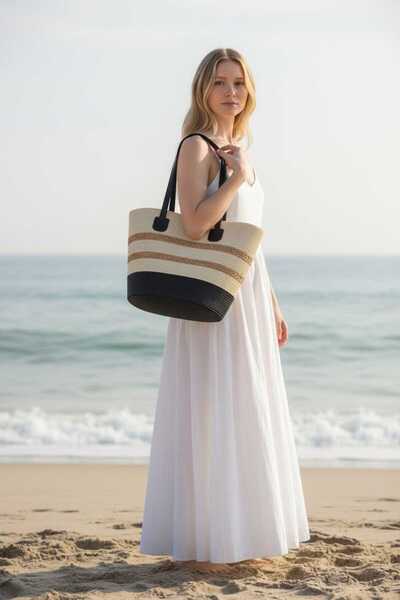 Aware Time Γυναικεία τσάντα ώμου με ψάθινη επένδυση και φερμουάρ