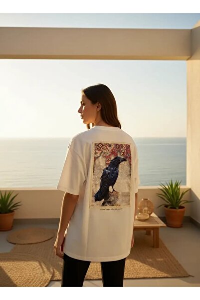 CANMODA Vintage Crow Figured Beaded Tapestry Pattern Lace Detailed White T-Shirt