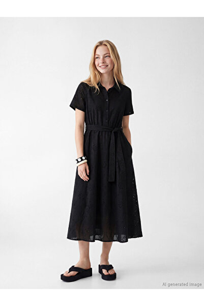 LC Waikiki NEVAVM Farkıyla XSIDE Μαύρο διάτρητο πουκαμισοφόρεμα με ζώνη στη μ...