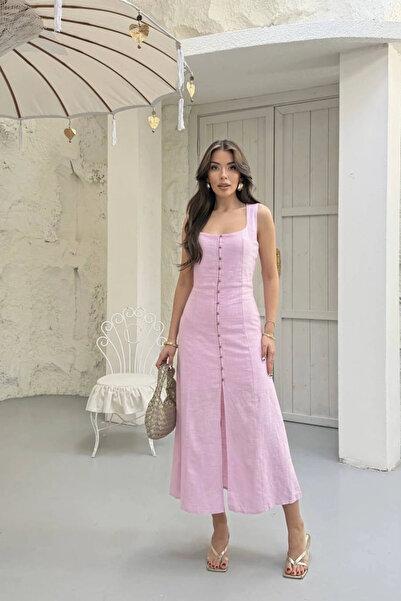 Lusin Γυναικείο ροζ φόρεμα με λουράκια και κουμπιά, καλοκαιρινό, στενή γραμμή...