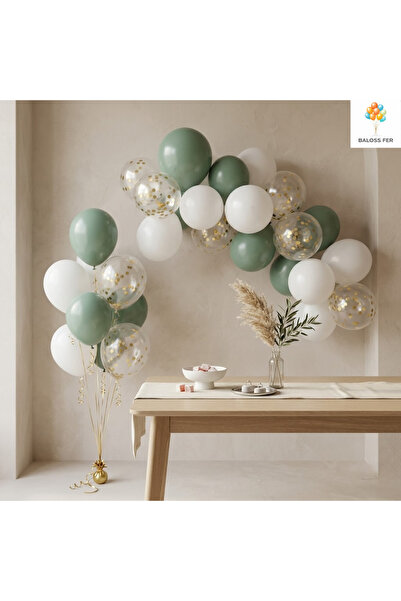 baloss fer Okaliptus Beyaz Gold Konfeti Balon Seti 20’li Şeffaf Balon Nişan S...