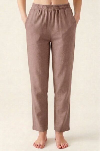 PORİENTO Καφέ 100% βαμβακερό ύφασμα μουσελίνας Γυναικείο παντελόνι με ελαστικ...