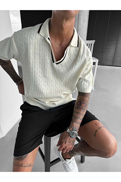 elkumoda Ανδρικό ιταλικό πλεκτό μπλουζάκι με γιακά - Πλεκτό μπλουζάκι με λεπτ...