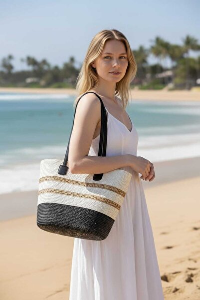 Aware Time Γυναικεία τσάντα ώμου με ψάθινη επένδυση και φερμουάρ