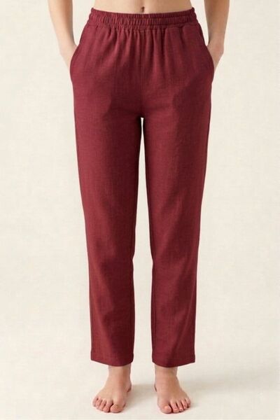 PORİENTO Βουργουνδί χρώμα 100% βαμβακερό ύφασμα μουσελίνας Γυναικείο παντελόν...