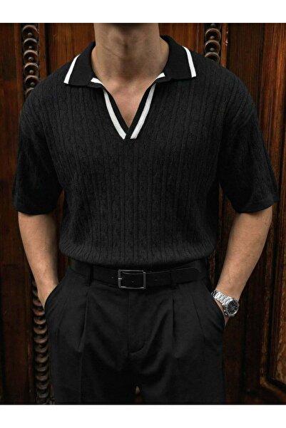 elkumoda Ανδρικό ιταλικό πλεκτό μπλουζάκι με γιακά - Πλεκτό μπλουζάκι με λεπτ...