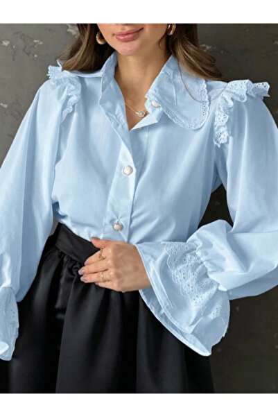 bysoca Γυναικείο λινό πουκάμισο Baby Blue ρετρό με φαρδύ γιακά, κέντημα με κο...