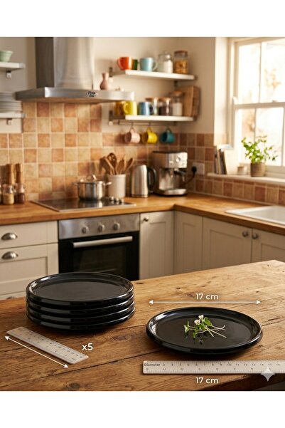 BİODATA Termogold 6 Pieces Black Melamine Dessert and Serving Plate Set 17 cm...