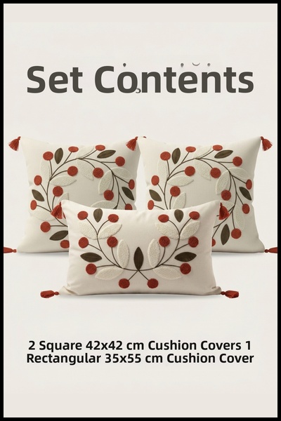 cottoncloth Papatya Punch Embroidered Decorative 2 Square 1 Rectangular Throw...
