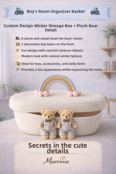 Marrone Οργανωτής δωματίου για αγόρια με καλύμματα καλαθιών και αρκουδάκια