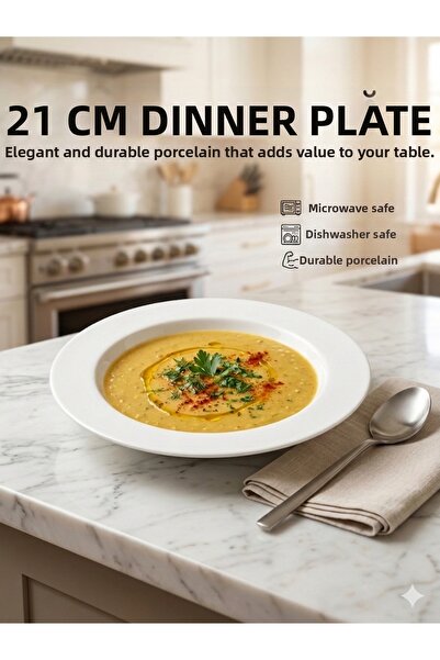 porselen 6-Piece Dinner Plate Set - 21 cm White Wide-Rimmed Deep Plate - Dowr...