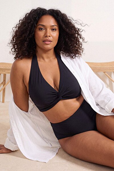 Trendyol Curve Μαύρο μπλουζάκι μπικίνι με λαιμόκοψη Halter Με δέσιμο Plus Siz...