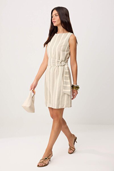 Συλλογή Trendyol Μίνι υφαντό φόρεμα με ζώνη χακί ριγέ που αγκαλιάζει το σώμα ...