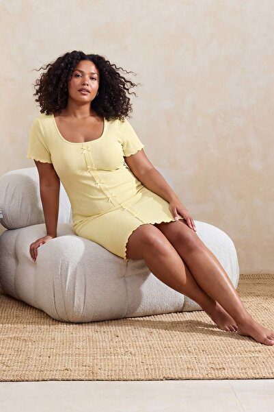 Trendyol Curve Κίτρινο πλέξη ριμπ Πλεκτό Νυχτικό Μεγάλου Μεγέθους TBBSS26CH00002