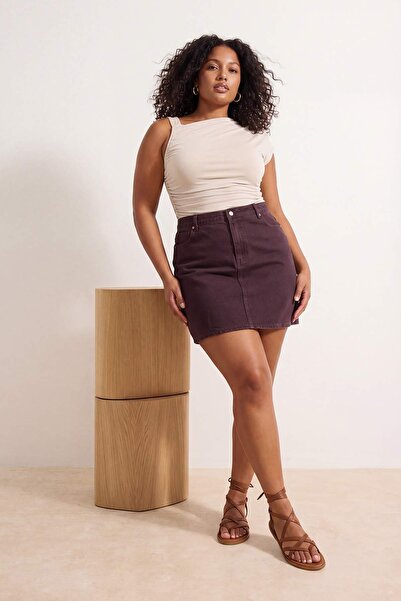 Trendyol Curve Πέτρινη Ασύμμετρη Λεπτομέρεια γιακά Sandy Πλεκτή Μπλούζα Μεγάλ...