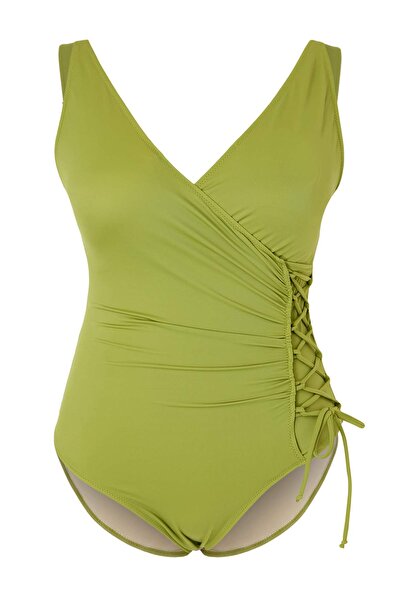 Trendyol Curve Πράσινο μαγιό με διπλό στήθος και λεπτομέρεια δεσίματος, μεγάλ...