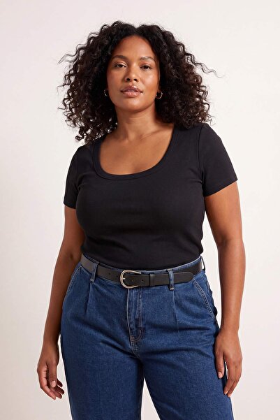 Trendyol Curve Μαύρη μπλούζα Havuz Yaka πλέξη ριμπ Basic πλεκτή μπλούζα μεγάλ...