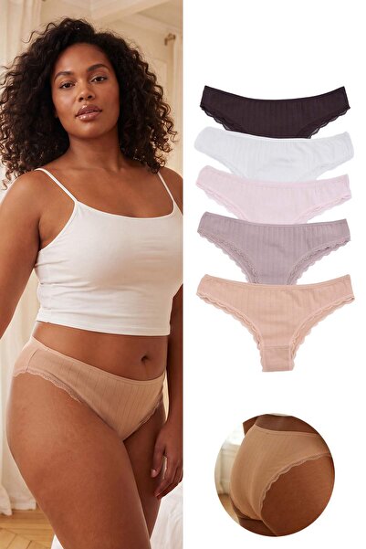 Trendyol Curve Καφέ-Πολύχρωμο Βαμβάκι τεμάχια 5 τεμάχια Δαντέλα τεμάχια Ριγέ ...