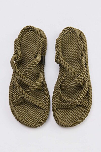 TRENDYOL SHOES Γυναικεία ψάθινα σανδάλια με χακί σταυρωτά λουράκια