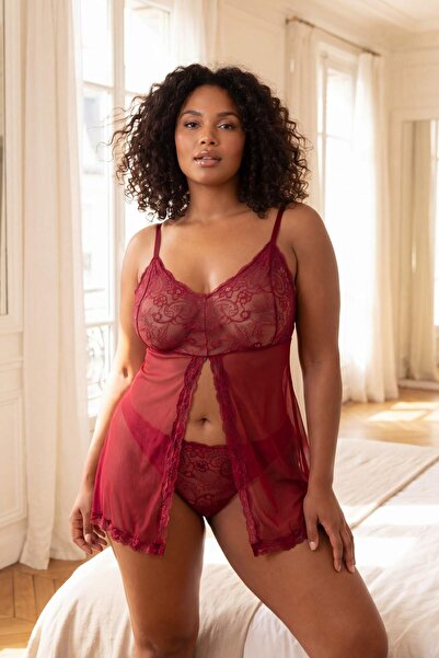 Trendyol Curve Βραδινό φόρεμα/νυχτικό με δαντέλα μπορντό, με κουμπιά και τιρά...