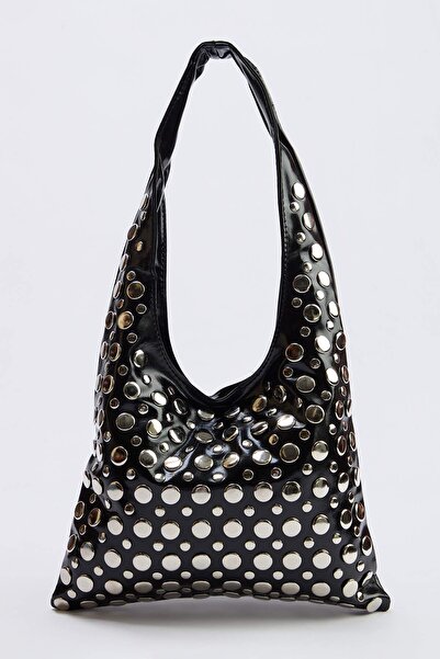 TRENDYOL SHOES Μαύρη δερμάτινη γυναικεία τσάντα ώμου μεσαίου μεγέθους TAKSS26...