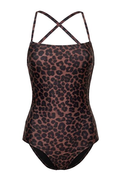 Συλλογή Trendyol Μαγιό με σχέδιο λεοπάρ, τετράγωνο λαιμόκοψη, ανοιχτή πλάτη κ...