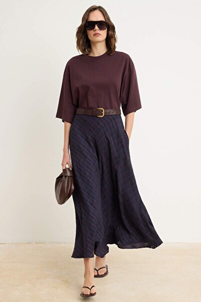 Trendyol Modest Ναυτικό μπλε καρό φούστα με επένδυση και ριχτή εφαρμογή TCTSS...