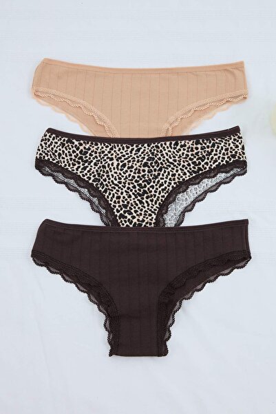 Συλλογή Trendyol Καφέ-Πολύχρωμο Βαμβακερό Σετ 3 τεμαχίων Λεοπάρ Ριγέ Βραζιλιά...