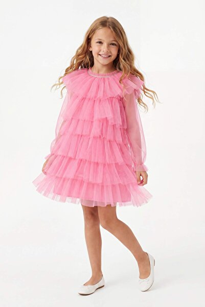 TRENDYOLKIDS Ροζ μίντι ριγέ υφαντό φόρεμα για κορίτσια TKDSS26EL00044