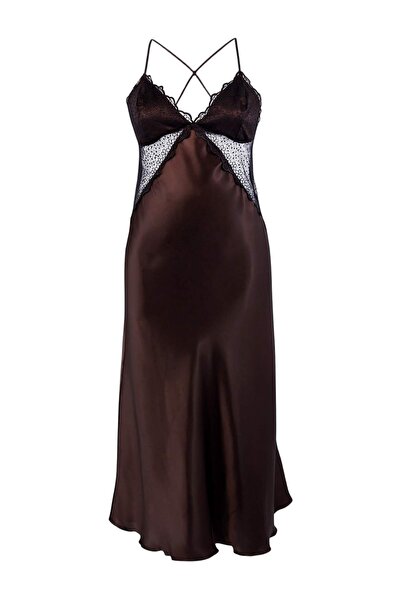 Trendyol Curve Καφέ Νυχτικό από Τούλι Μεγάλου Μεγέθους