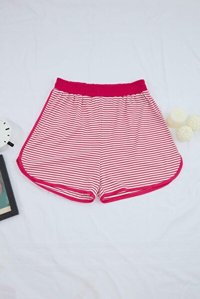 Trendyol Curve Ροζ Ριγέ Πιτζάμες με κορδόνια πλέξη ριμπ Plus Size TBBSS26IA00015