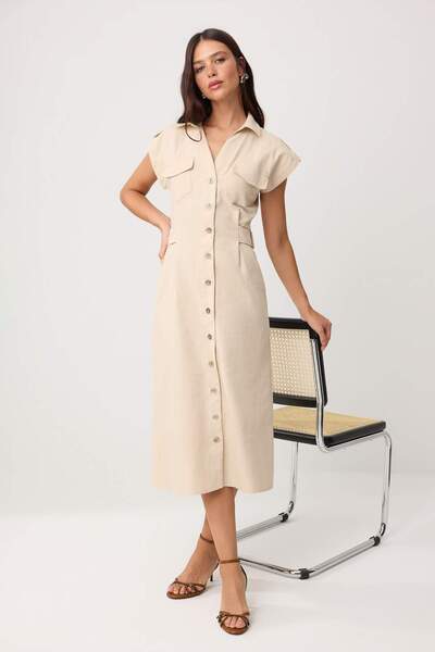 Συλλογή Trendyol Τασ Λεπτομέρεια με αξεσουάρ Μίντι Υφαντό Πουκαμισοφόρεμα TWO...