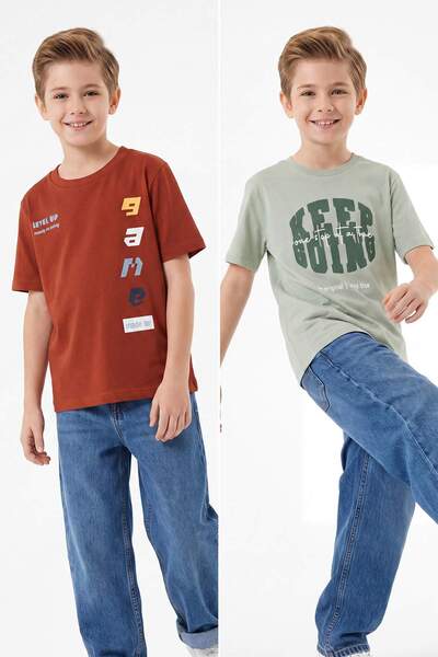 TRENDYOLKIDS Kiremit-Mint 2er-Pack bedruckte gestrickte Jungen-T-Shirts TKDSS...