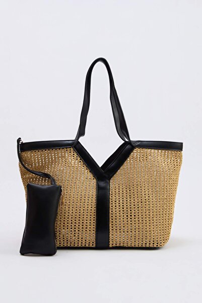 TRENDYOL SHOES Γυναικεία τσάντα ώμου από ψάθα σε χρώμα καμηλό, μέγεθος Maxi T...