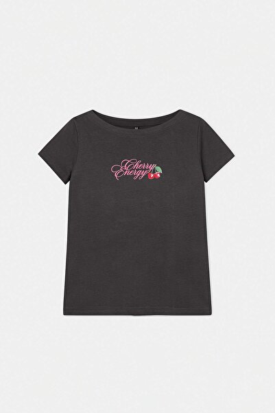 TRENDYOLKIDS Anthrazitfarbenes Mädchen-Strick-T-Shirt aus 100 % Baumwolle mit...