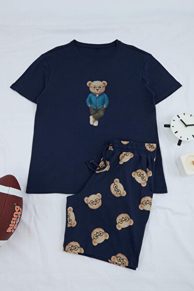Trendyol Kollektion Marineblaues, normal geschnittenes T-Shirt mit Teddybär-P...