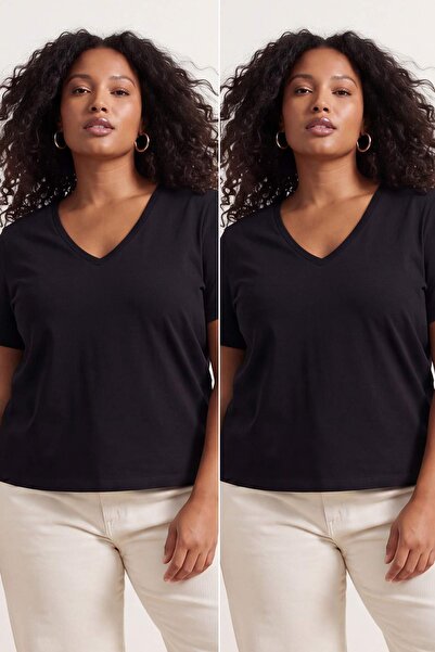 Trendyol Curve Μαύρο Πακέτο 2 τεμαχίων Basic V-Neck 100% Βαμβακερό Πλεκτό T-S...