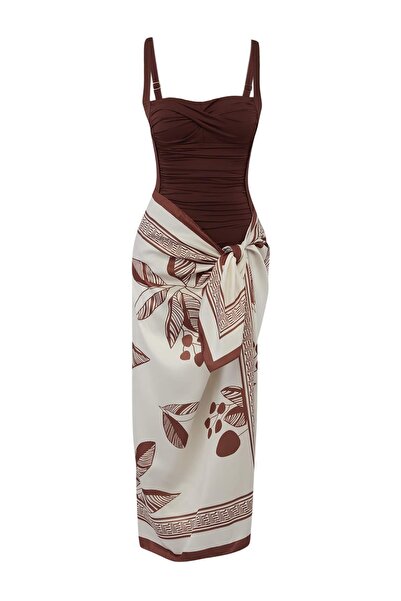 Συλλογή Trendyol Καφέ Σετ Μαγιό 2 τεμαχίων με Κάλυψη Μπαλκονέτ και Παρεό TBES...