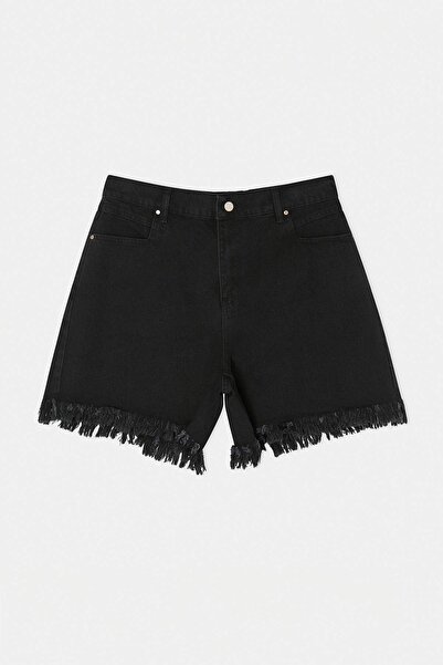 Trendyol Curve Μαύρο σκισμένο σορτς τζιν με ψηλή ελαστική μέση, 100% βαμβάκι,...