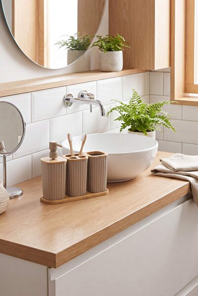 TRENDYOLMİLLA HOME طقم حمام مكون من 3 قطع من الخيزران مع حامل صابون مفصل التف...