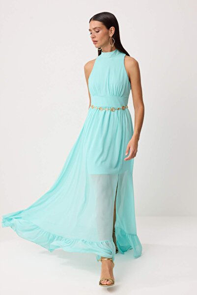 Συλλογή Trendyol Νεροπράσινο υφαντό σιφόν με λεπτομέρεια ζώνης με επένδυση, μ...