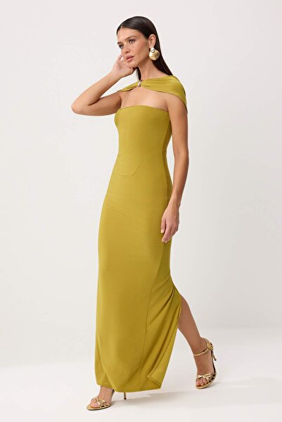 Συλλογή Trendyol Πράσινο μονόχρωμο φόρεμα με άμμοστη ύφανση, μάξι βραδινό φόρ...