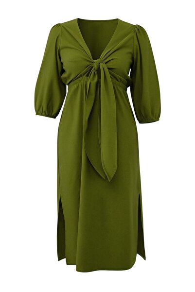 Trendyol Curve Υφαντό φόρεμα μεγάλου μεγέθους από μείγμα λινών υφασμάτων Oil ...