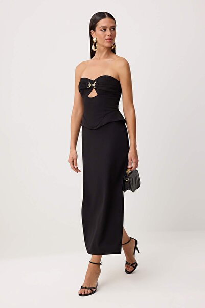 Συλλογή Trendyol Μαύρο φόρεμα μάξι χωρίς φόδρα από ύφασμα φινικέ