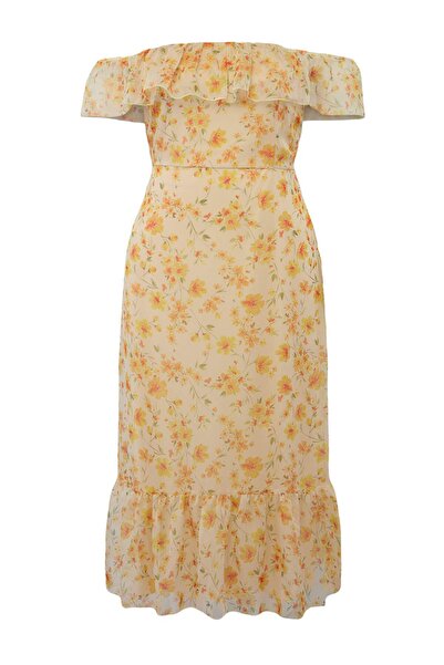 Trendyol Curve Κίτρινο υφαντό φόρεμα μεγάλου μεγέθους Finike TBBSS26AH00062